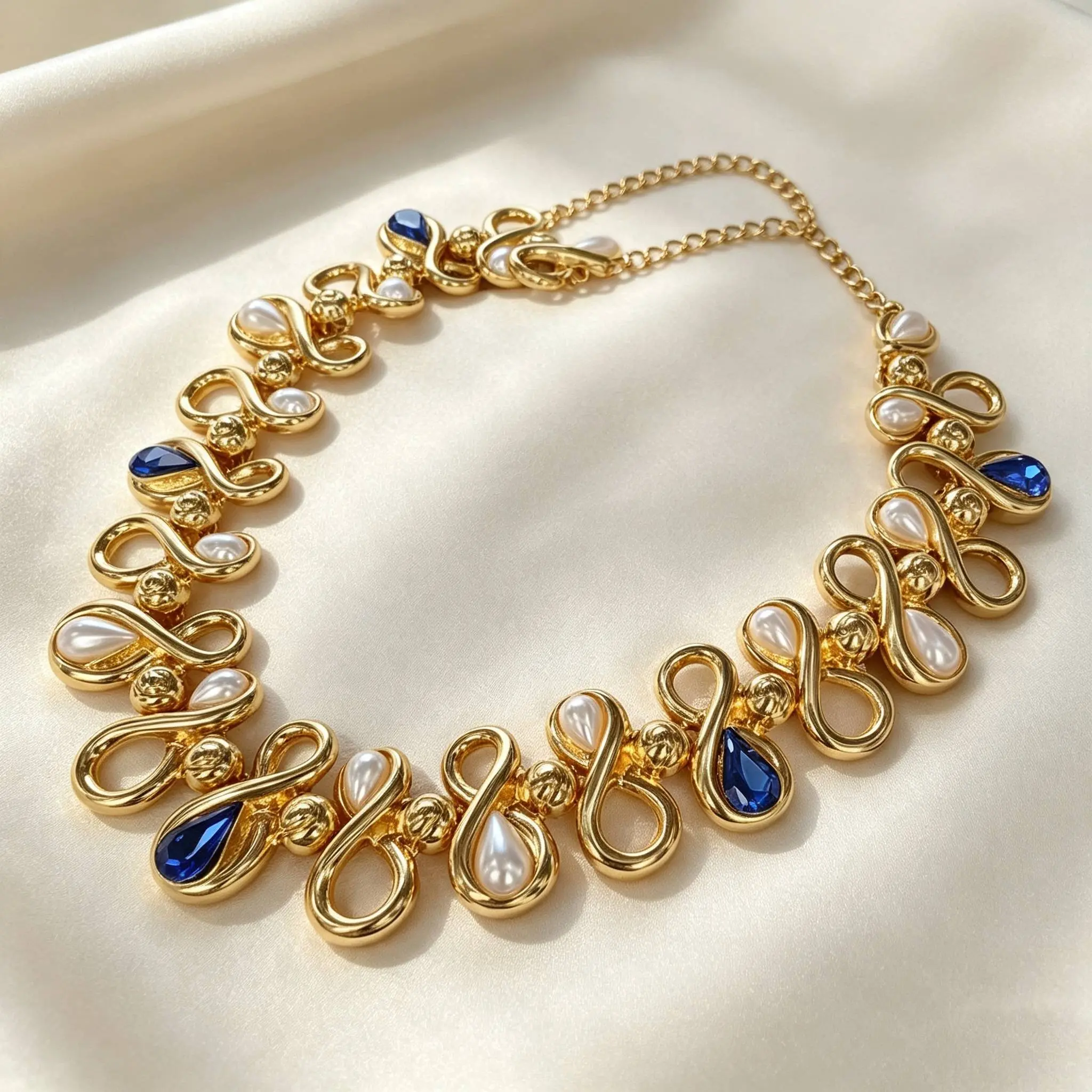 Elegant Gold Tone Infinity Necklace with Blue and White Gemstones for Women's Fashion Jewelry