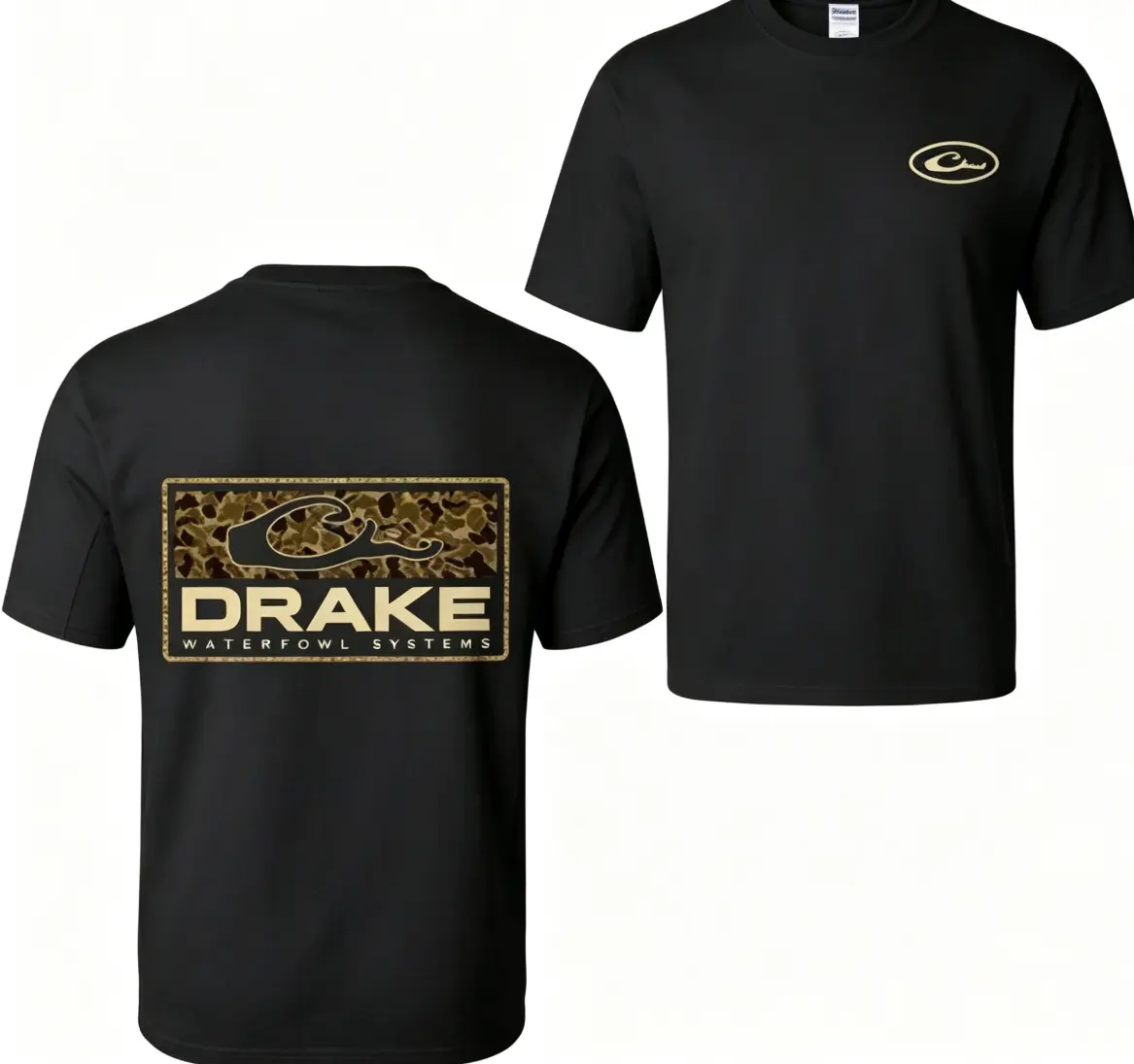 Men's Drake Waterfowl Camo T-Shirt  Vintage Country Graphic Short Sleeve Tee  Outdoor Hunting Style Casual Top, 90s Retro Camo Shirt for Men, Fishing Fans, Hunters, Camping Lovers & Country Lifestyle Enthusiasts