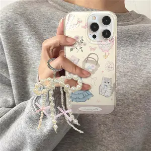 Crystal transparent white light rose denim dress phone case with chain for iPhone 11 12 13 14 15 16 pro max