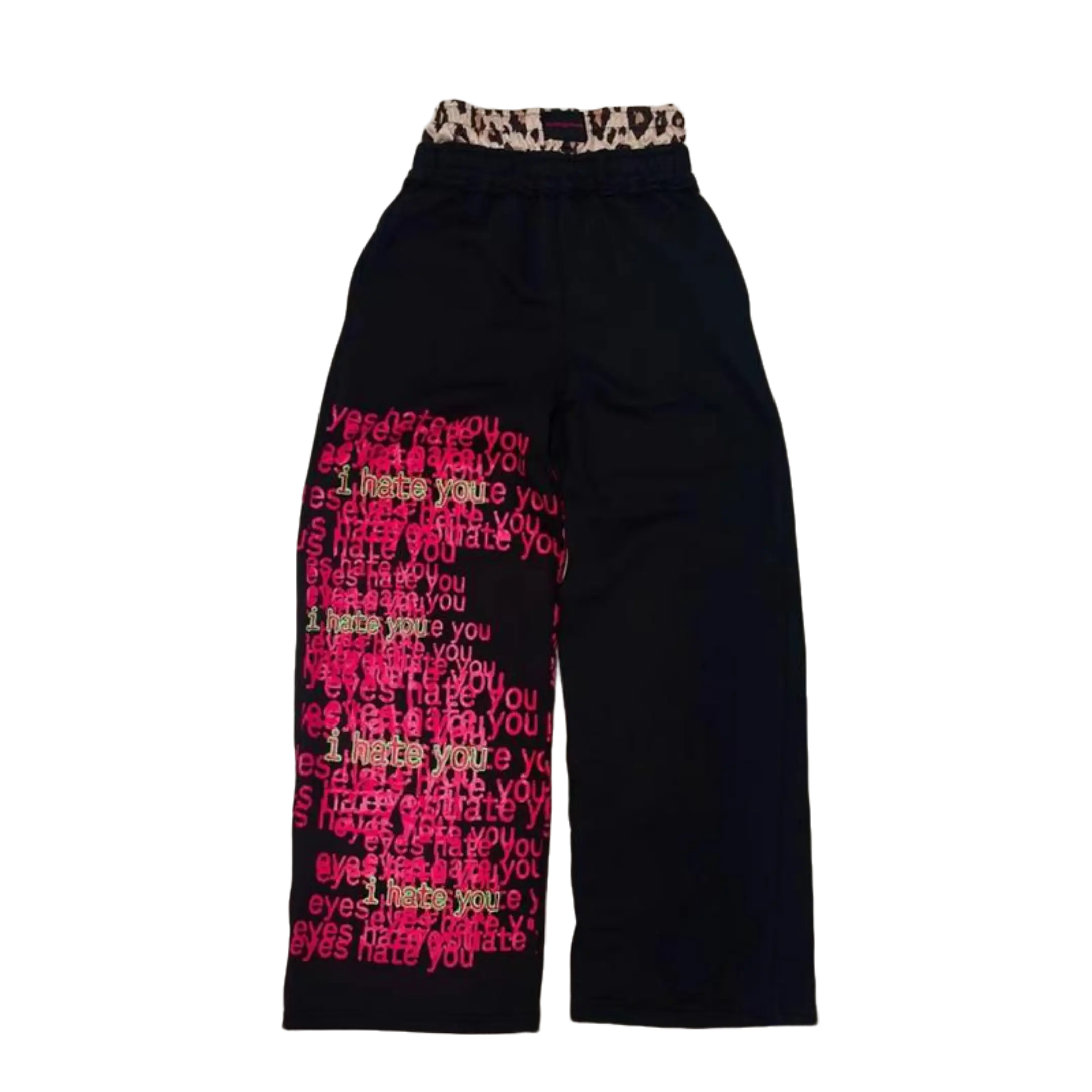 Leopard print spliced wide leg sports pants with double-layer waistband, men's and women's Y2K letter printed fashionable street style pants fleece-lined for warmth