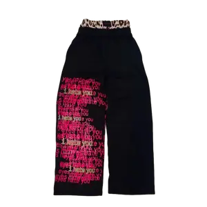 Leopard print spliced wide leg sports pants with double-layer waistband, men's and women's Y2K letter printed fashionable street style pants