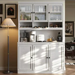 LIKIMIO 74.8" Cabinet with Glass Doors, Tall Kitchen Pantry, Storage Cabinet with Microwave Stand, 4 Adjustable Shelves, Wine & Glass Station, Modern Display Cabinet for Home Living Room