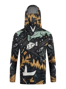Men's Long Sleeve Hooded Fishing Jacket with Face Mask, Gradient Color Outdoor Fishing Clothing, Sun Protection Jumper, Graphic Print Hoodie