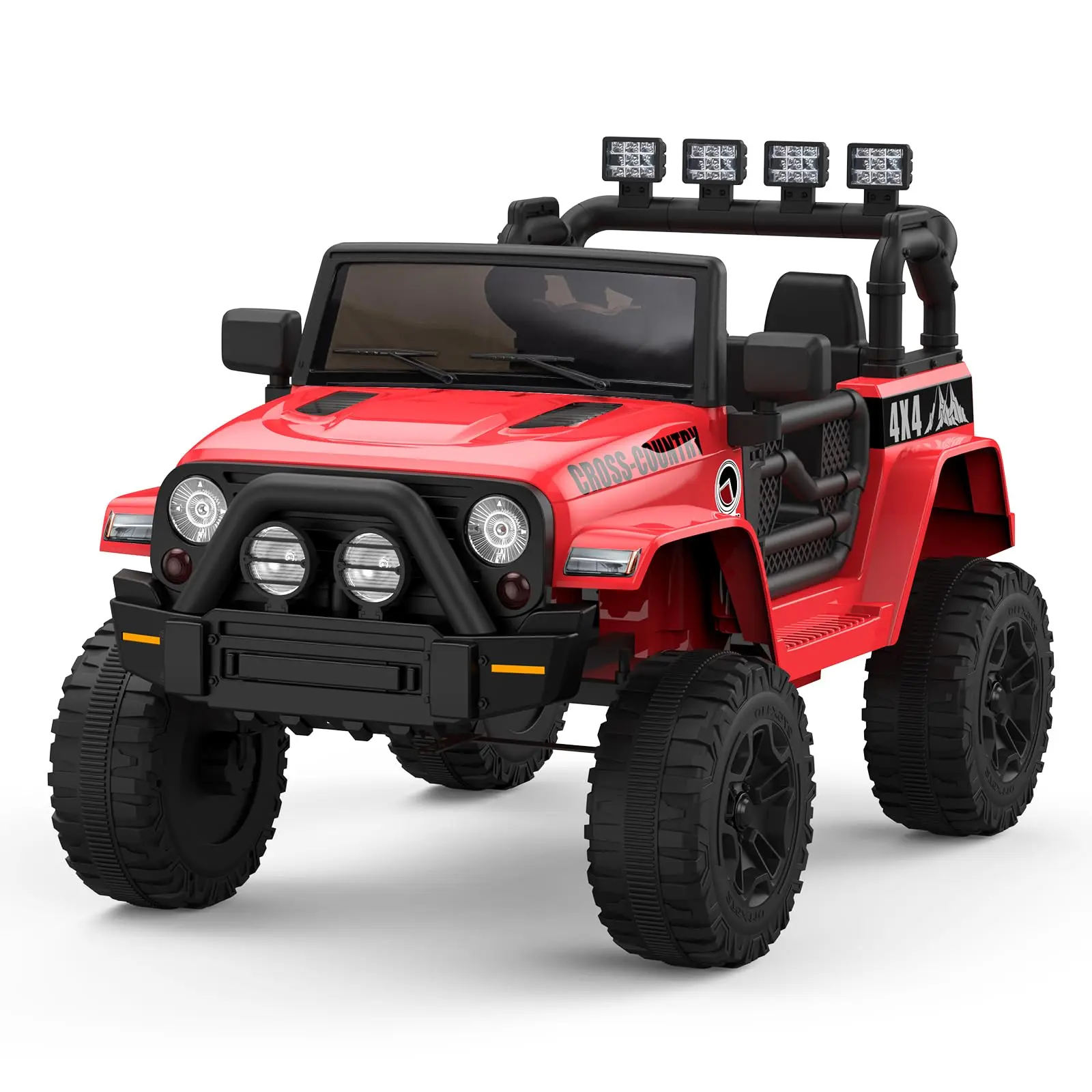 GARVEE 12V Battery-Powered 2-Seater Kids' Remote-Operated Electric Ride On Truck (Ages 3+, Red) with Ride on Wheels, 3-Point Adjustable Seatbelt, Lockable Doors, Slow Start, MP3/USB Audio, LED Lights, All-Terrain Capability, Emergency Stop