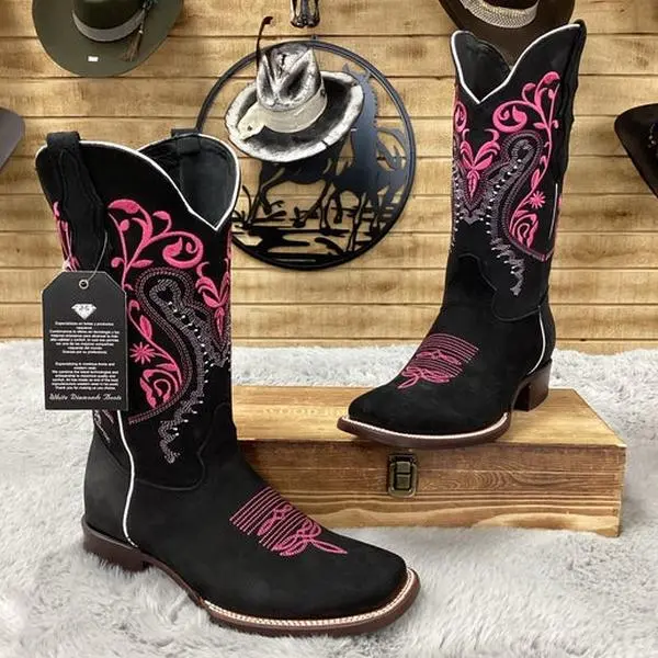Morada Womens Embroidered Nobuck Leather Boots - Black/fuchsia Morada Womens Embroidered Nobuck Leather Boots - Black/fuchsia