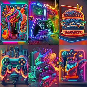 5D DIY Full Drill Round Diamond Painting Kit, Punk Style Neon Burger Game Controller Mosaic Canvas, Home Wall Decor, Decorative Art, Holiday Gift
