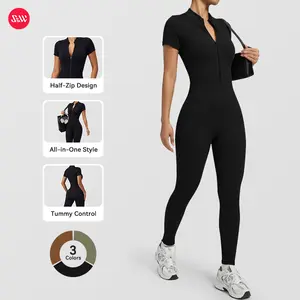 S&W Women's Elastic V-Neck Jumpsuit Tight Jumpsuit Bodysuit Workout Seamless Ribbed Tummy Control Yoga Bodycon Zip Up One Piece Unitard Sculpt Rompers Womenswear