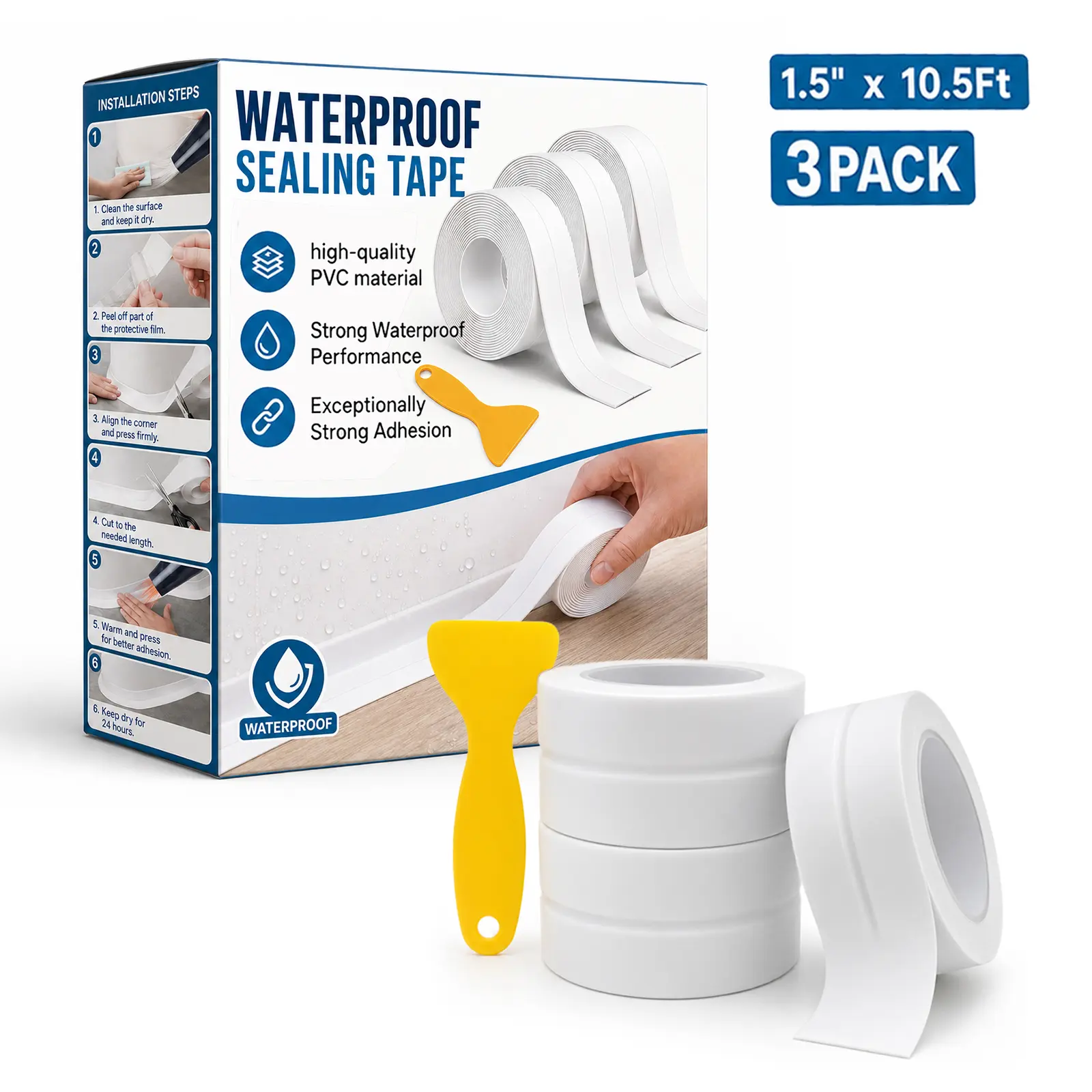 3 Rolls White Waterproof Caulk seal Tape Self-Adhesive Sealing Tape for Bathroom Kitchen Sink Toilet Tub Edges Easy Application & Durability industrial strength floor wall edge protector fixer
