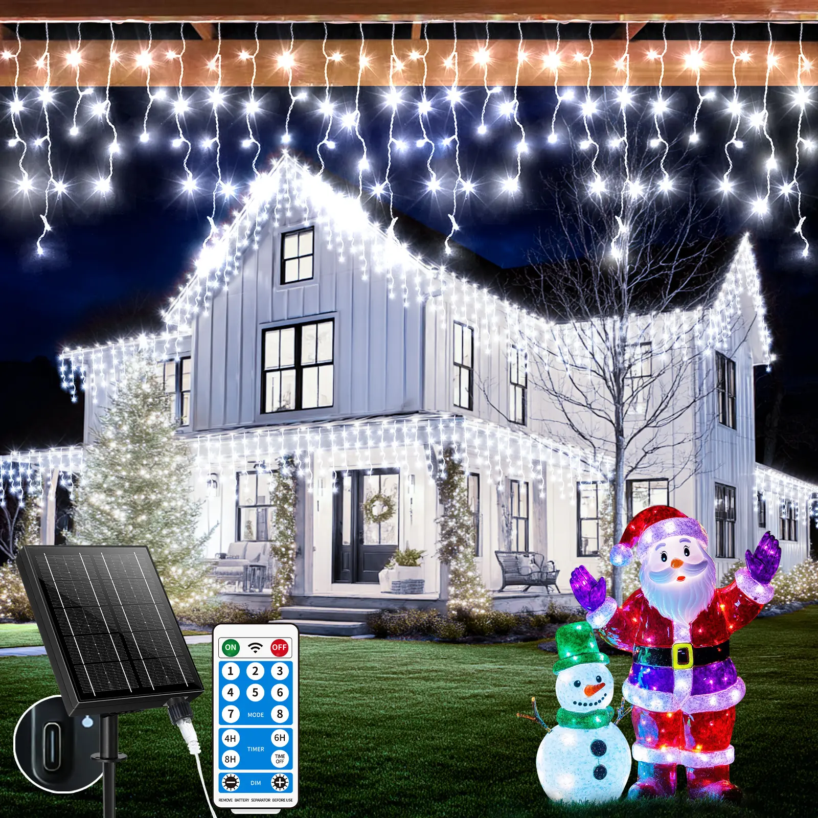 82FT Solar Icicle Lights Outdoor, 660 LED White Christmas Lights with Remote Control, 8 Modes, 4 Brightness Levels, IP65 Waterproof for Roof, Eaves Decor