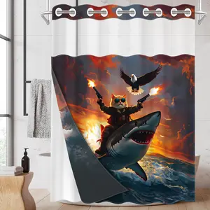 1PC 2D Flat Cool Cat Riding Shark Shower Curtain, Dual Guns Eagle Creative Design, Waterproof Detachable Liner Bathroom Curtain (No Hooks)