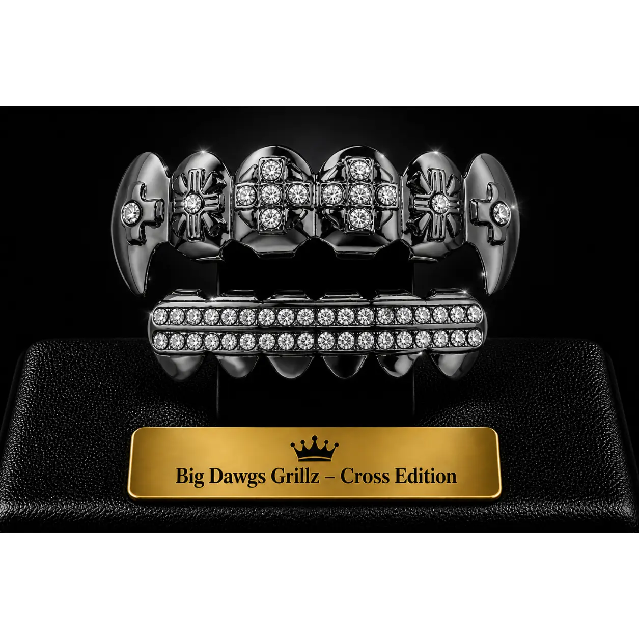 Rhodium Plated Upper & Lower Grillz Set Fangs w/ Clear Stones