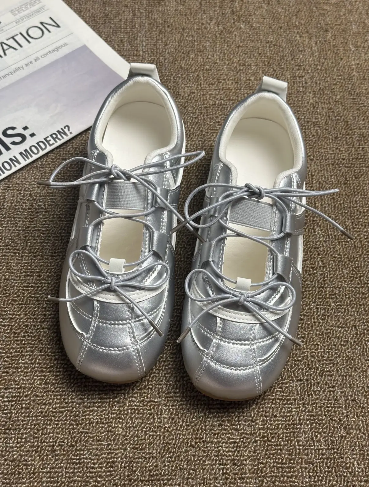 Women's Retro Silver-White Plain Training Ballet Flats - Soft Sole, Summer Casual Sport Shoes, Skin-Friendly Upper, Cushioned Insole, Classic Low-Profile Silhouette, Lightweight, Stylish, Versatile, Casual Wear