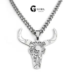 GGIRL Simple Stylish Men's Hollow Cow Head Necklace Pendant Stainless Steel Lucky Gift Jewelry,Daily Verstaile Necklace For Men