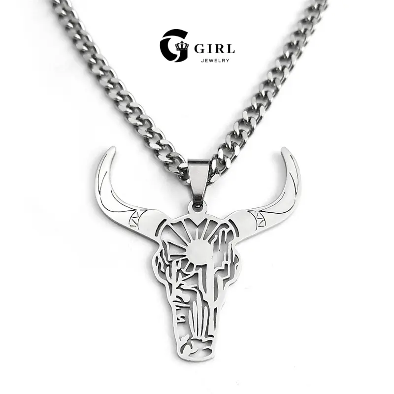 GGIRL Men's Stainless Steel Hollow Cow Head Necklace Pendant - Simple Stylish Daily Wear Accessories, Lucky Gift Jewelry