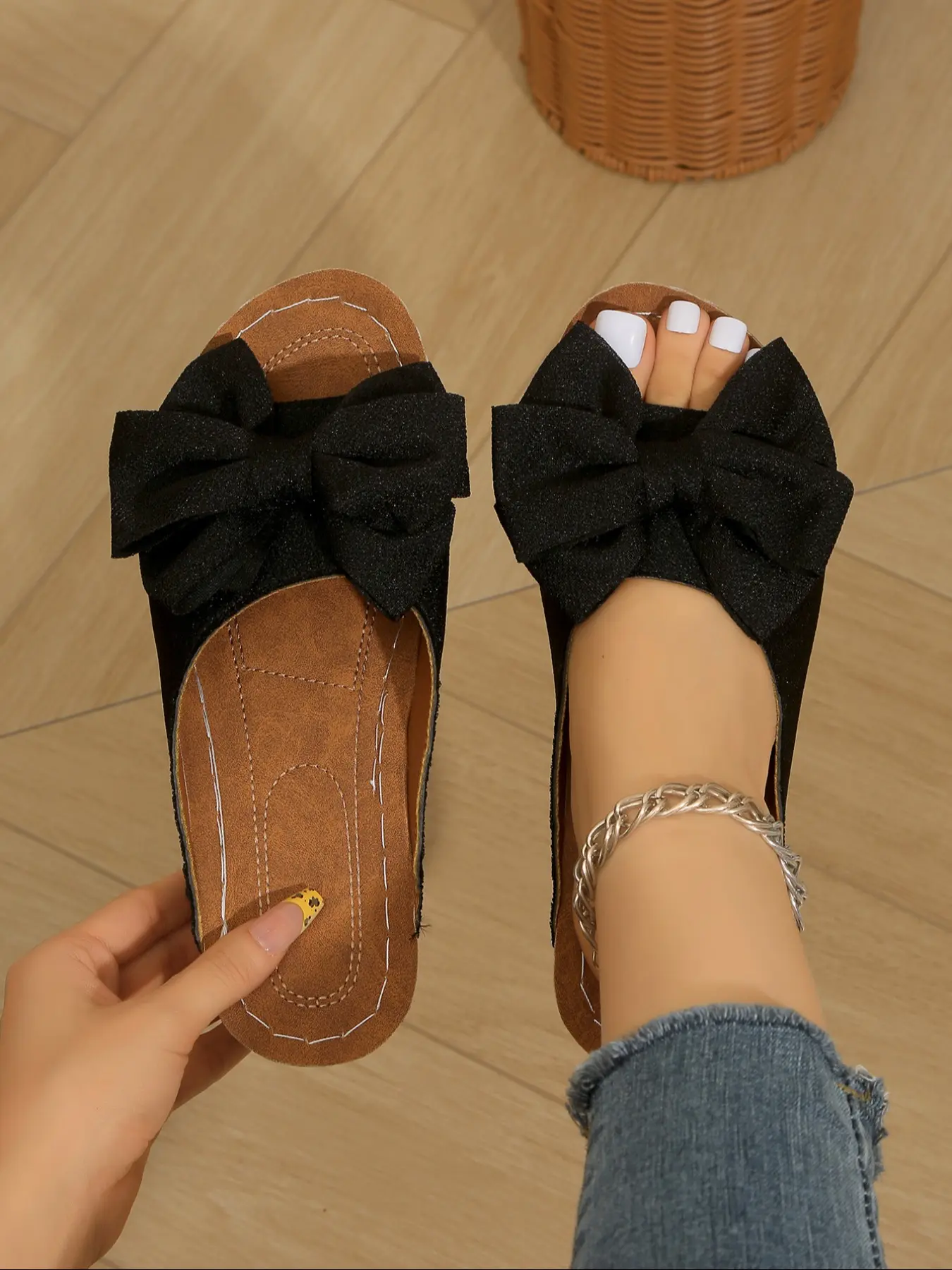 Women's Comfortable Soft Casual Slip-On Sandals with Flexible Wedge Sole, Minimalist Bowknot Design, Flower Sandals, Perfect for Everyday Wear, School, Work and Walking