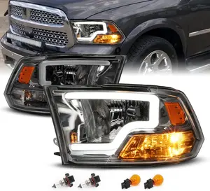 AmeriLite for 2009-2018 Dodge Ram 1500 2500 3500 Truck LED Bar Gun-Metal Replacement Headlights Set - Driver and Passenger Side