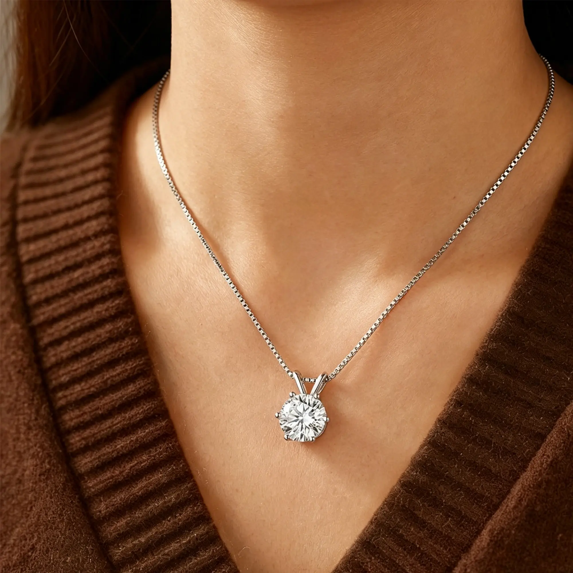 Female 2ct Bunny Ear Pendant Necklace - 6-Prong Cubic Zirconia, Platinum-Plated 925 Silver, Unique Rabbit Ear Setting, 15-16" Adjustable Chain, Birthday & Casual Minimalist Jewelry, Lobster Clasp, Layering, Everyday, 15-16 Inches, Daily, 2-Carat, Elegant,