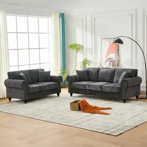 Chenille Fabric Couch - 3+2 Seater Modern Comfy Indoor Living Room Sofa, Curved Rolled Arms, Wood Legs, Nailhead Trim, Gray for Apartment
