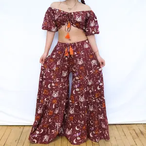 Cat & Moon Whimsical FlowyPant and Top Set Wide Leg Pants Boho Fashion Tiered Pant Earthy Style Long Sleeve Off Shoulder Top Plus Size