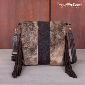 Trinity Ranch Hair-On Cowhide Tooled Floral Fringe Concealed Carry Crossbody Bag with Detachable Strap & Secure Storage Pocket