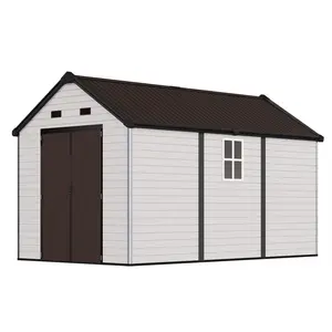 [Ships in 4 Boxes] AMERLIFE Resin Storage Shed with Floor, Lockable Outdoor Storage Shed with Windows, Vents, All-Weather Use Plastic Structure for Garden, Backyard, Patio, Lawn – White & Brown
