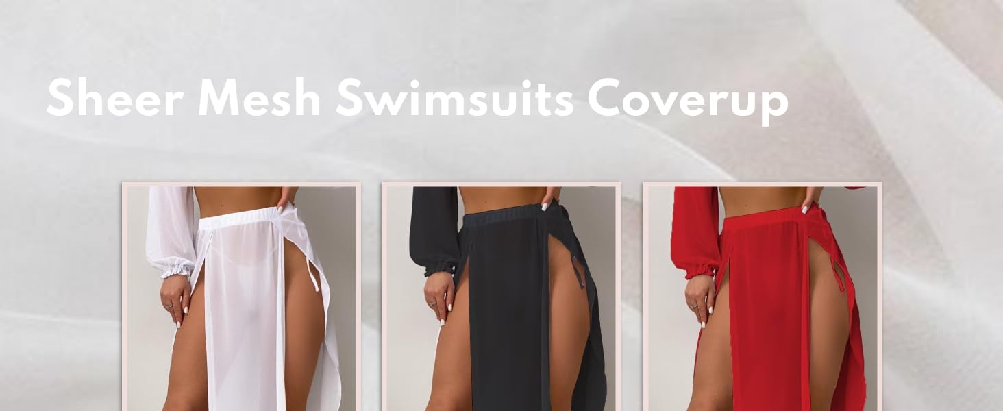 Women's Sheer Mesh Chiffon Double Slit Cover Up Skirt Rave Festival Costume Swim Beach Flowy Long Maxi Skirts