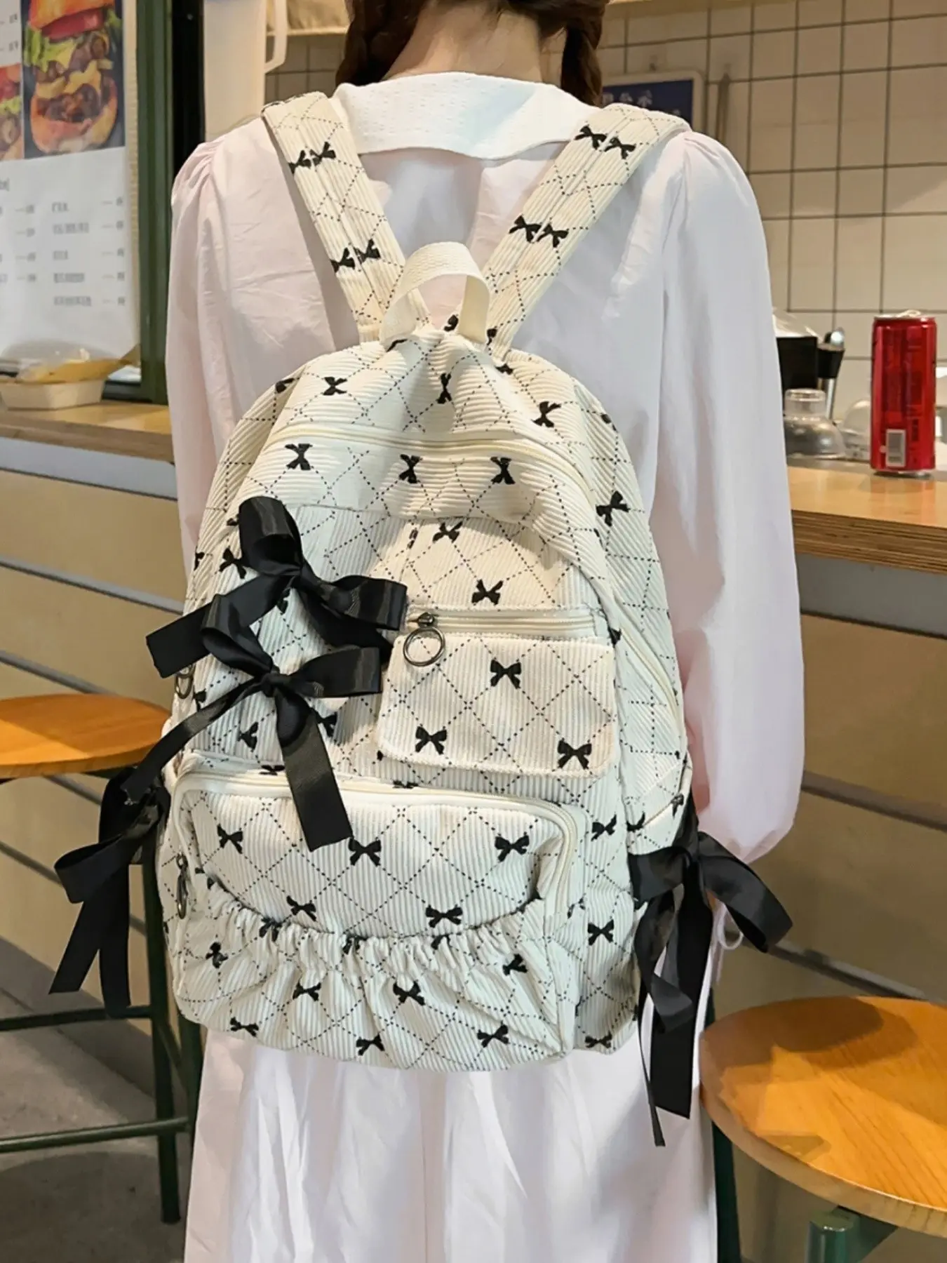 2026 New College Style Bow Corduroy Backpack, Lightweight Versatile Large Capacity Student Bag, Fashionable Commute Backpack for Travel
