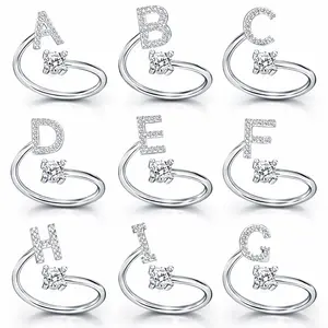 Trendy Silver Initial Letter summer Ring Adjustable Crystal Alphabet Stackable Open engineer princess Rings Personalized A-Z CZ Jewelry Accessories for Women Valentines&birthday Boujee Gifts for gf