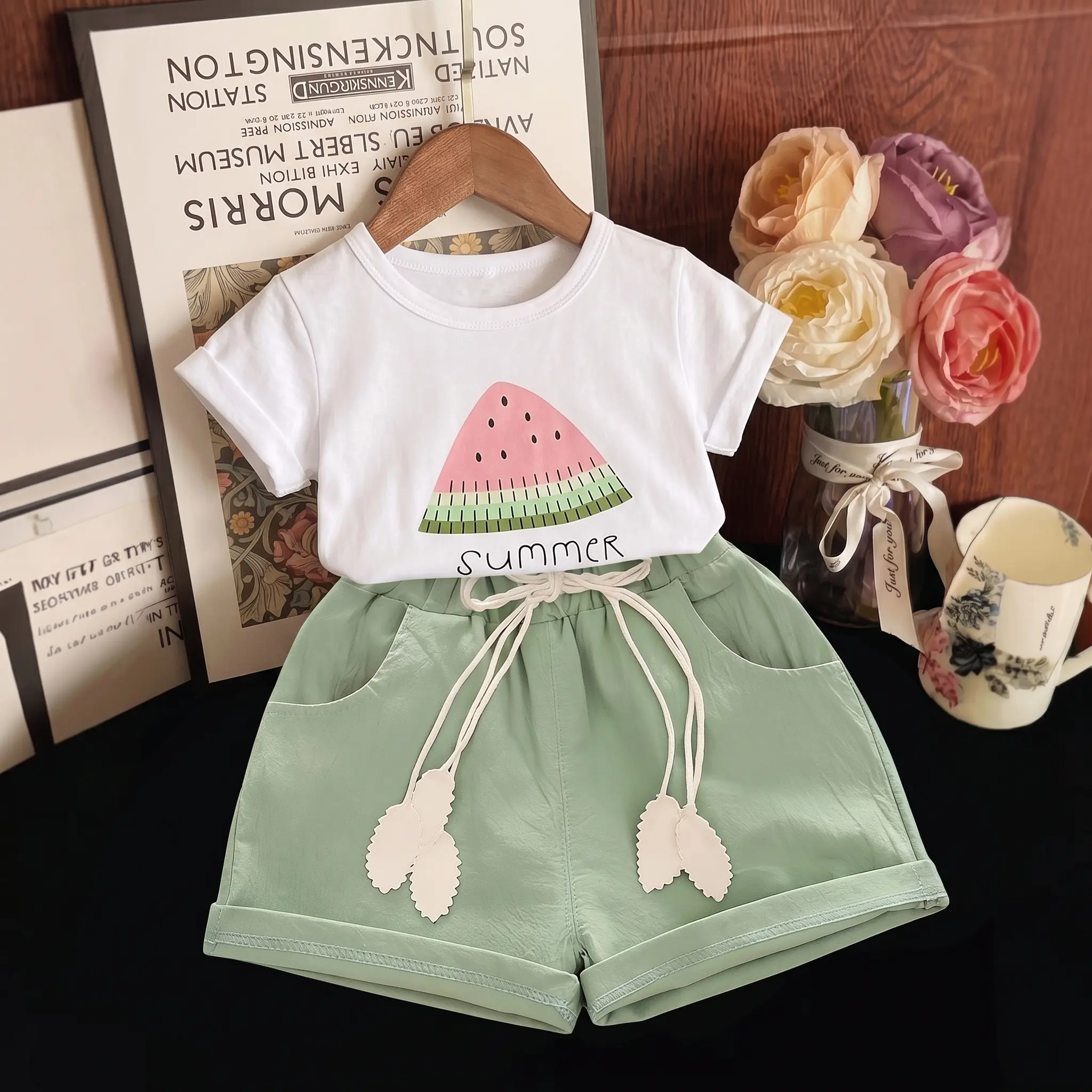 Younger Tree Toddler Girls' 2-Piece Short Set - Cute Watermelon Cotton T-Shirt, Linen Shorts with Belt, Casual Summer Baby Clothing Kids Clothing Girls Mini Gift Set, 2 Piece Sets