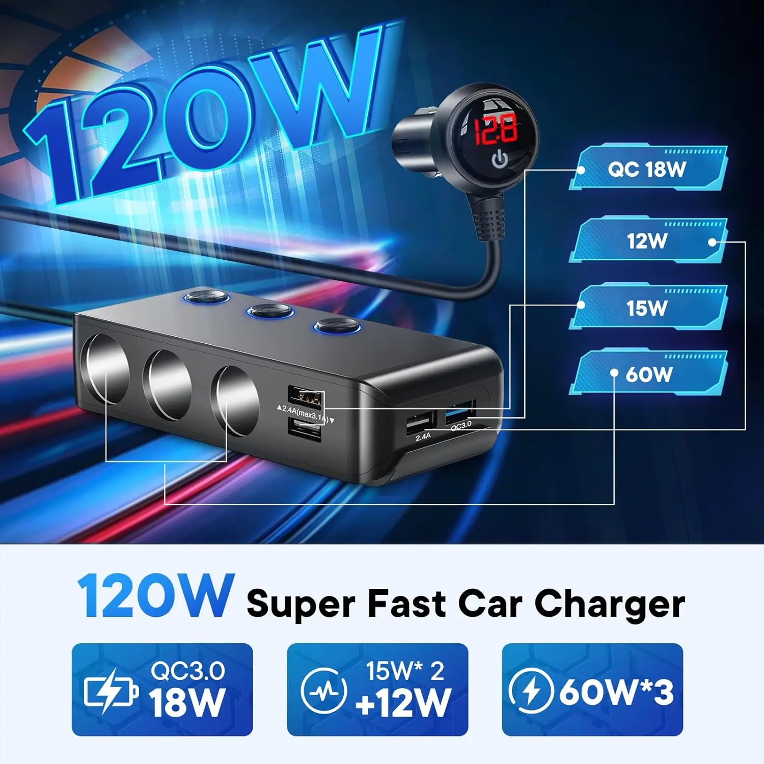 sat nav cigarette power adapter Cigarette Lighter Adapter Quick Charge 3.0 120W 12V/24V 3-Socket Power  Splitter 4 USB Ports Car Power Adapter Car Splitter for GPS, Dash Cam, Sat  Nav, Phone, Tablet multifunctional car Automotive Vehicle -