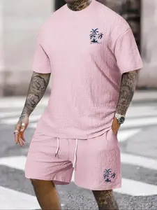 Men's 2 Piece Summer, Casual Short Sleeve T-Shirt & Shorts Set, Clothes, Tropical Palm Tree Print, Lightweight Breathable Beach Vacation Suit for Men