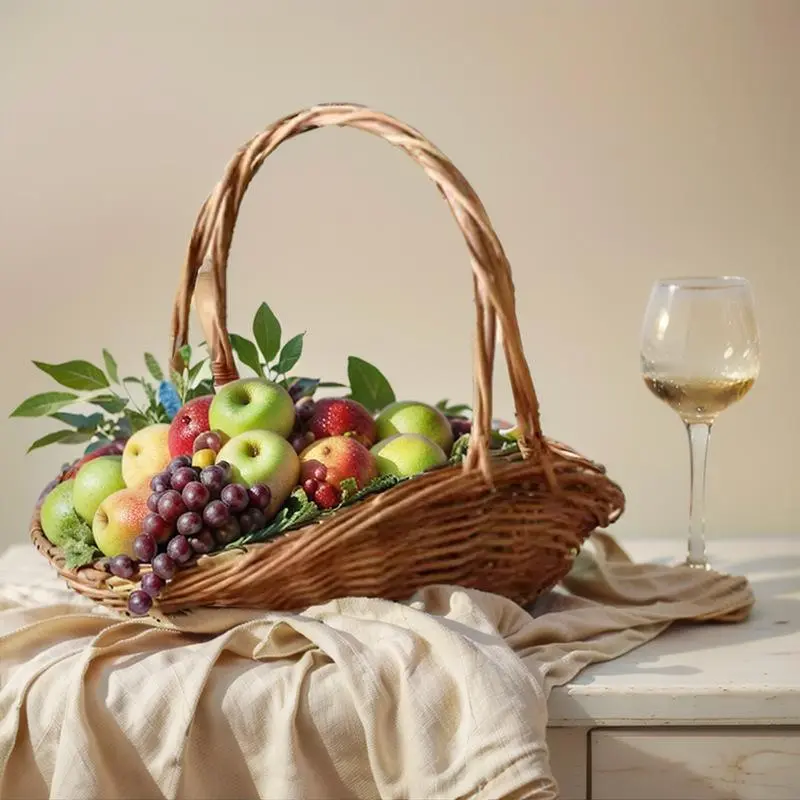 Handwoven Wicker Basket, Fruit Basket with Lid, Multipurpose Use Basket for Flowers, Fruits, Vegetables, Camping & Hiking Equipment, Picnic Essentials, Outing