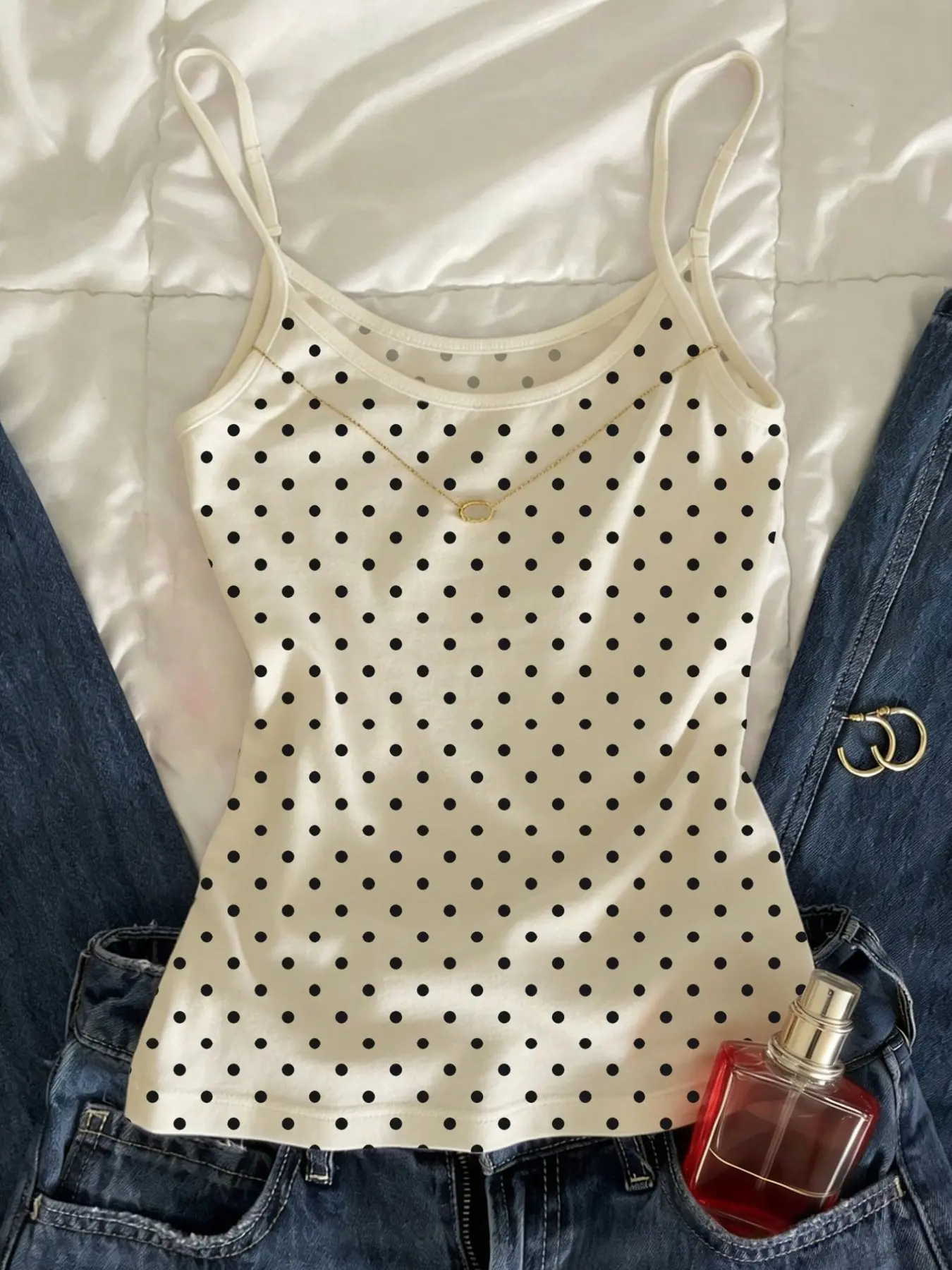 Women's Fashion Polka Dot Adjustable Buckle Spaghetti Strap Adjustable Strap Cami Tank Top Vest Elegant Casual Top, Suitable for Everyday Daily Commute, Shopping, Casual Vacation Wear Fit, Casual Elegant Sleeveless, Summer Casual Sleeveless
