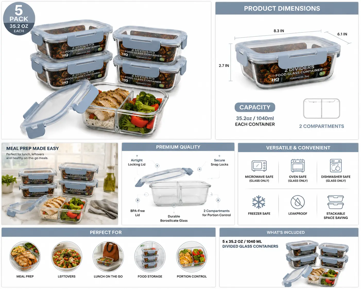 5-Pack Glass Meal Prep Containers with 2 Compartments, 35.2 oz (1040ml), Airtight Leakproof Food Storage Containers with Locking Lids, BPA-Free, Microwave, Oven, Freezer & Dishwasher Safe 35965