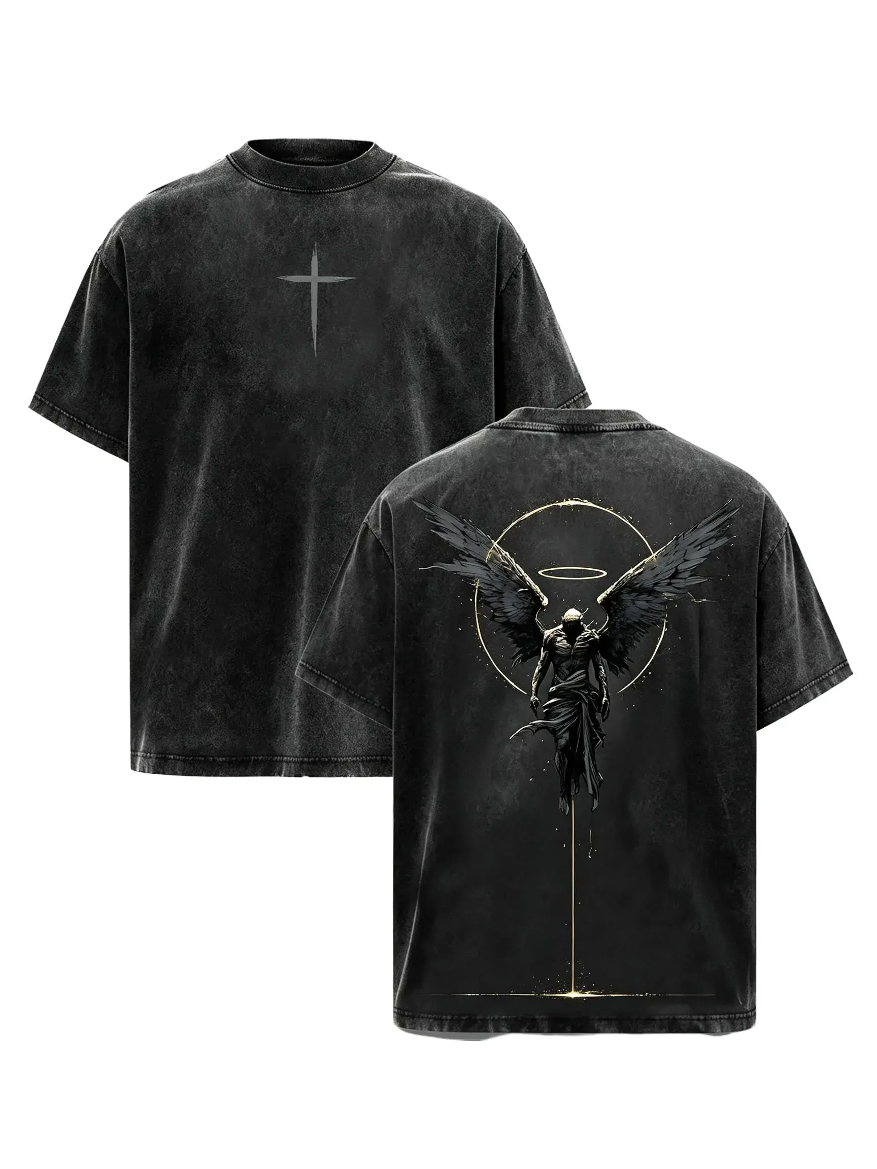 Archangel Graphic T-Shirt, Vintage Oversized Heavy Cotton Tee, Unisex Short Sleeve Gothic Streetwear with Acid Wash, Tshirt, Shortsleeve, Casual, Menswear, Round Neck, Gothic Faith Style With Medieval Edge, Comfortable Cotton For All-Day Wear, Medieval St