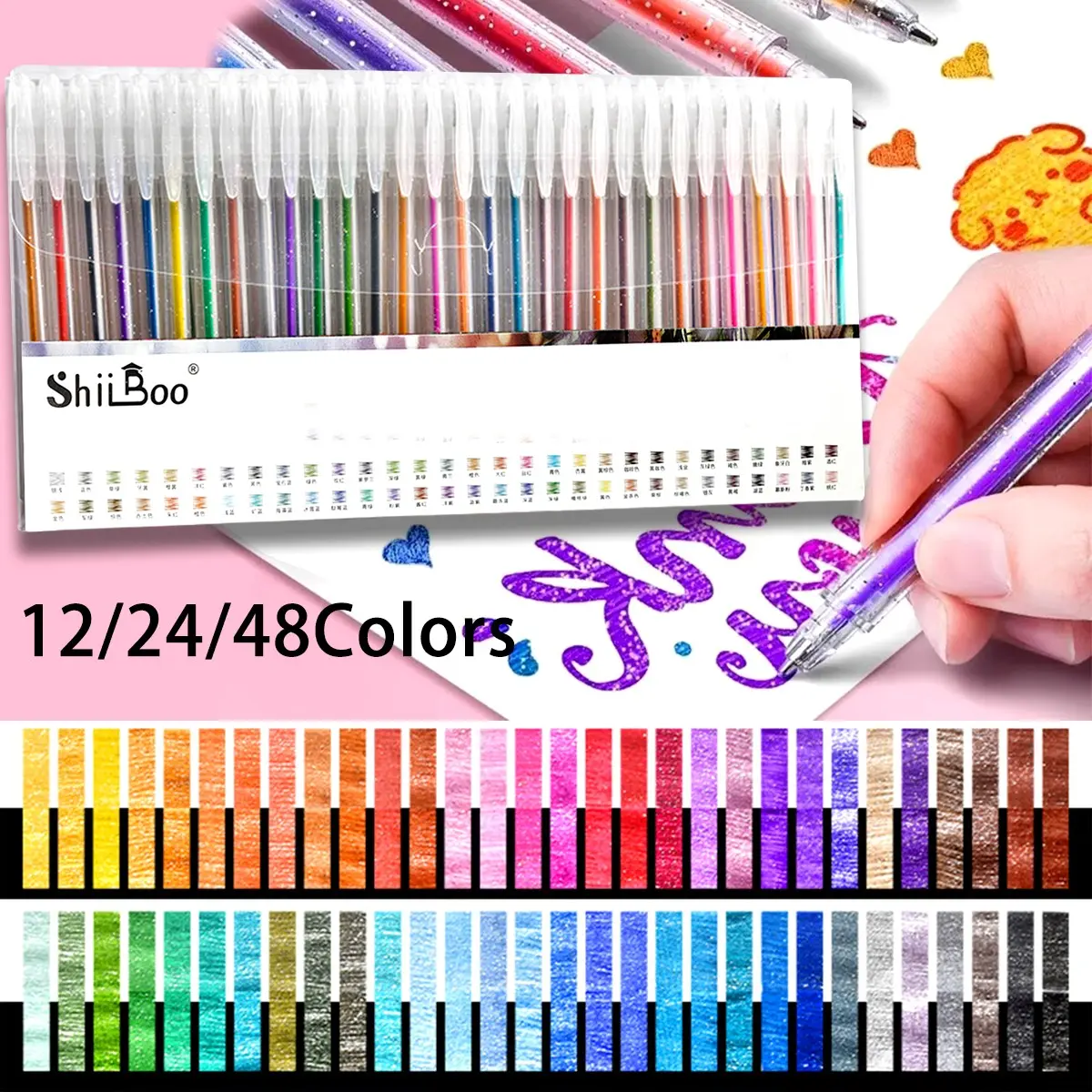 Set of 12-48 Metallic Glitter Gel Pens, 1.0 Mm Color Ballpoint Pen, Long Lasting Writing, Drawing, Marking, Coloring, DIY Art Supplies