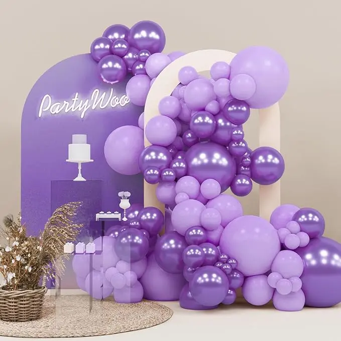 PartyWoo Round Rubber Latex Balloon Garland Kit, 140-Piece Festive Lilac & Metallic Purple Set, 18/12/10/5-Inch Float-Compatible Decorative Balloons for Birthday Theme, Baby Shower Decor (Pump Not Included), Festive Balloons