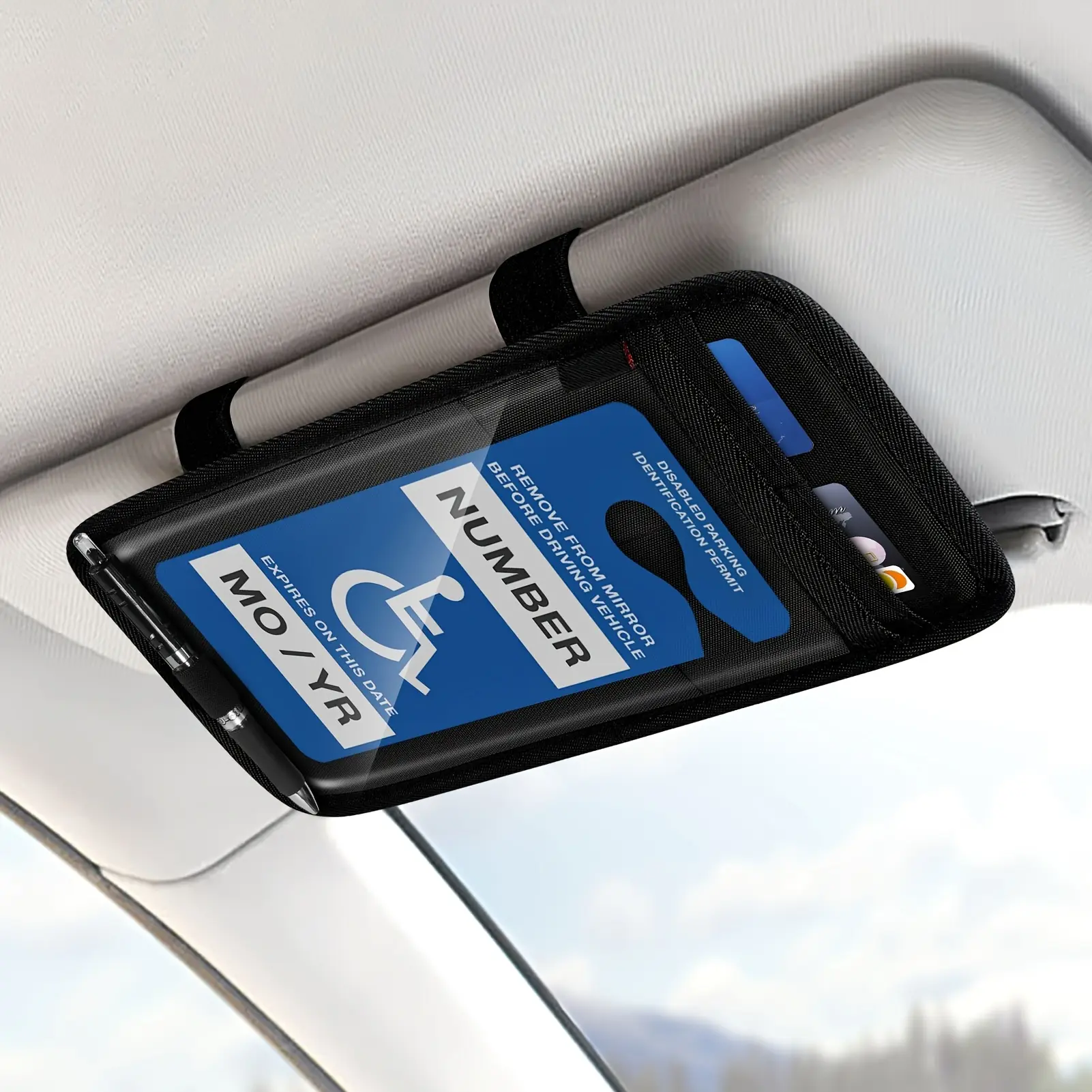 Black Car Visor Secure Card Holder - Handicap Placard Protector with Pen Slot, Elastic Strap, Visibility Aid for Disabled Access | Automotive Exterior Tax Disc Accessory