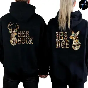 Her Buck His Doe Hoodie Camo Hunting Couple Hoodies Graphic Casual Fleece Fabric Pullover Hooded Sweatshirt for Women for Men, Perfect Love Gift