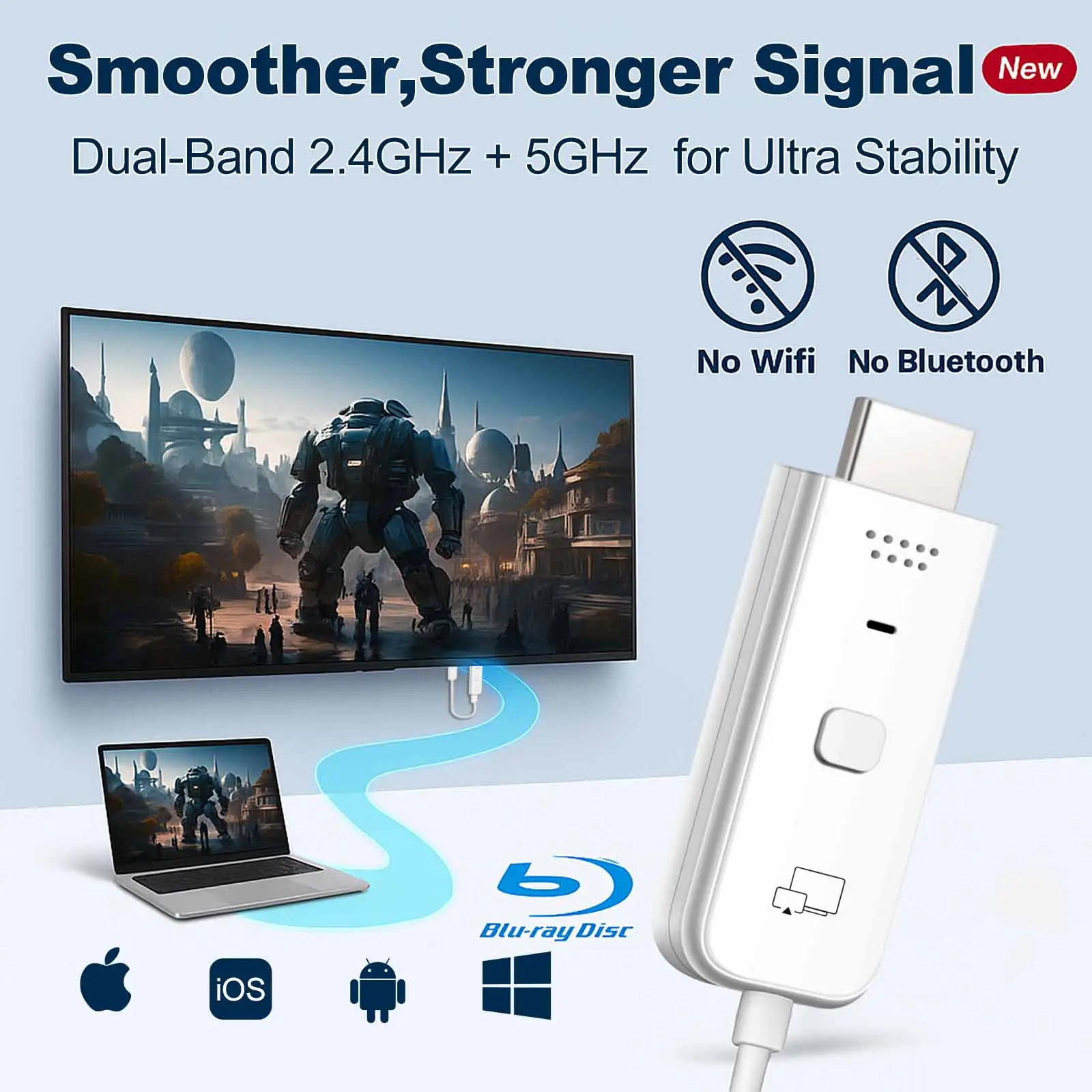 (iOS & Android)Wireless HDMI Display Adapter, 4K Decode 1080P Output, Streaming Gadget for YouTube Tiktok to TV/DV/PC/Projector/Monitor, Audio-Video S