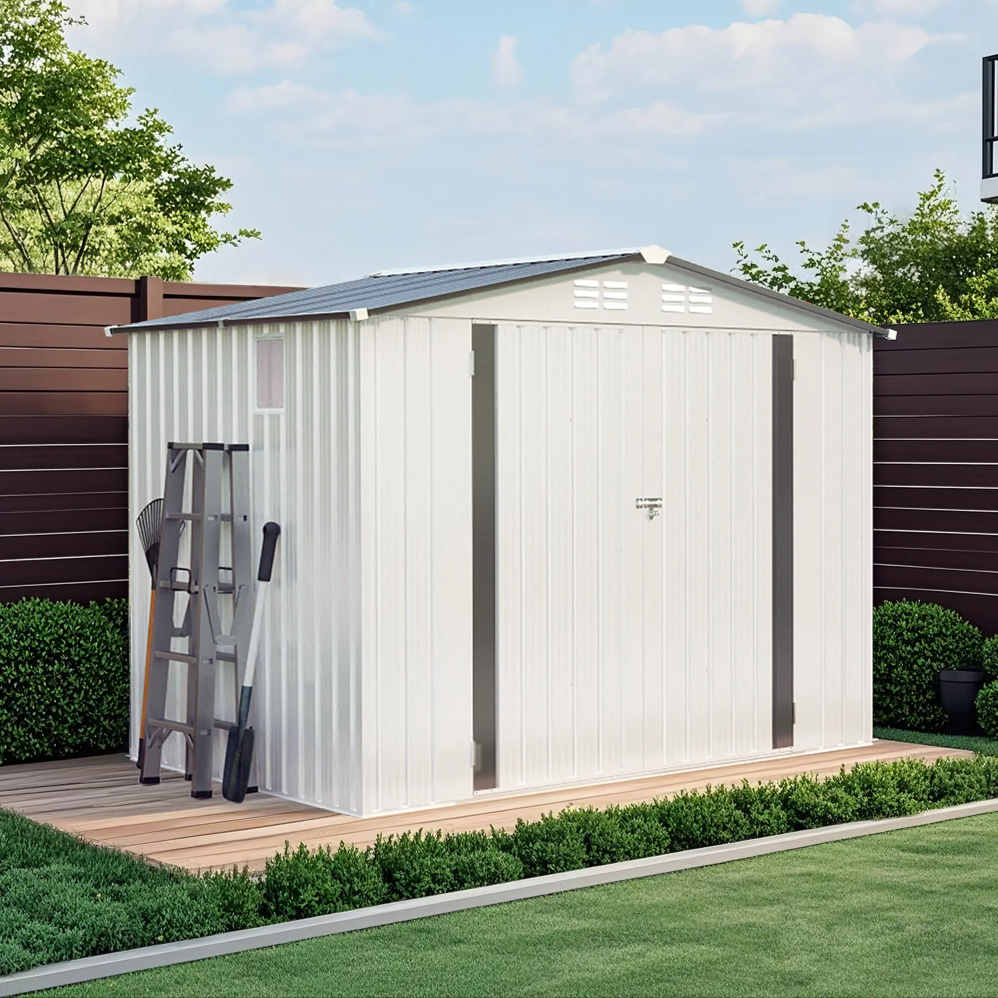 8x6 FT Heavy-Duty Galvanized Steel Gardening Storage Shed, Lockable Door, Skylight Window, Anti-Rust Treatment, All-Weather Waterproof Pitched Roof, Superior Durability, Wind-Resistant Design Outdoor Tool Unit for Backyard, Patio