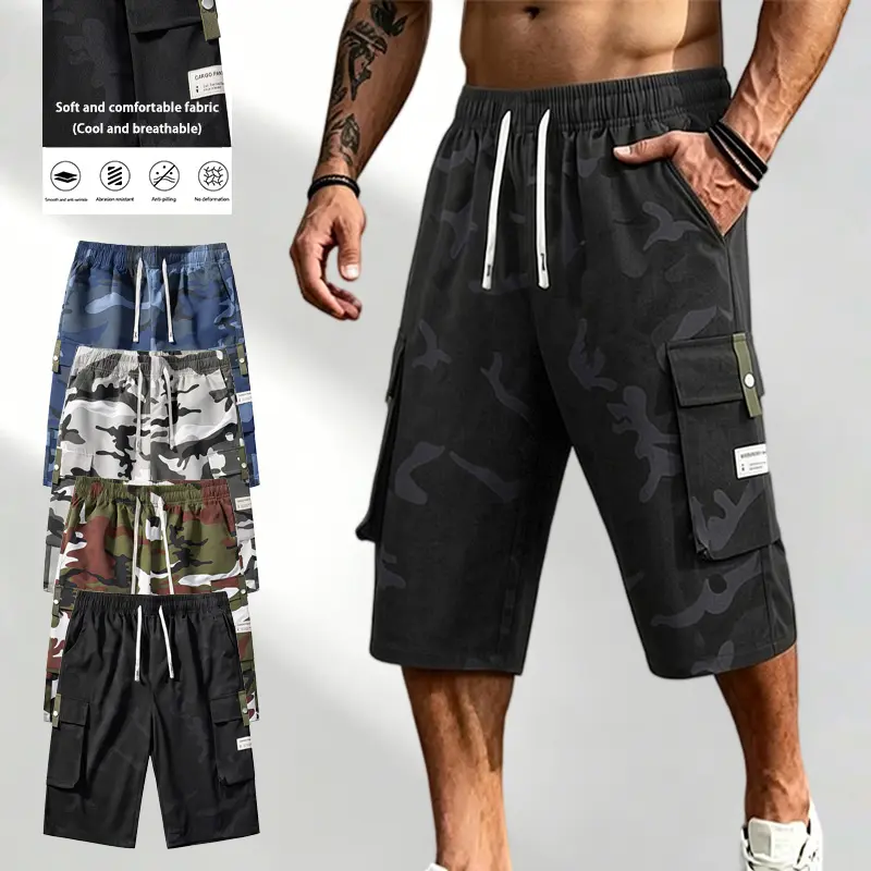 *Pack of 4 men’s camouflage cargo shorts, drawstring elastic waistband, side multi-pocket design, loose and comfortable fit, breathable and wear-resistant fabric, suitable for outdoor activities and everyday commuting, trendy casual shorts for summer.