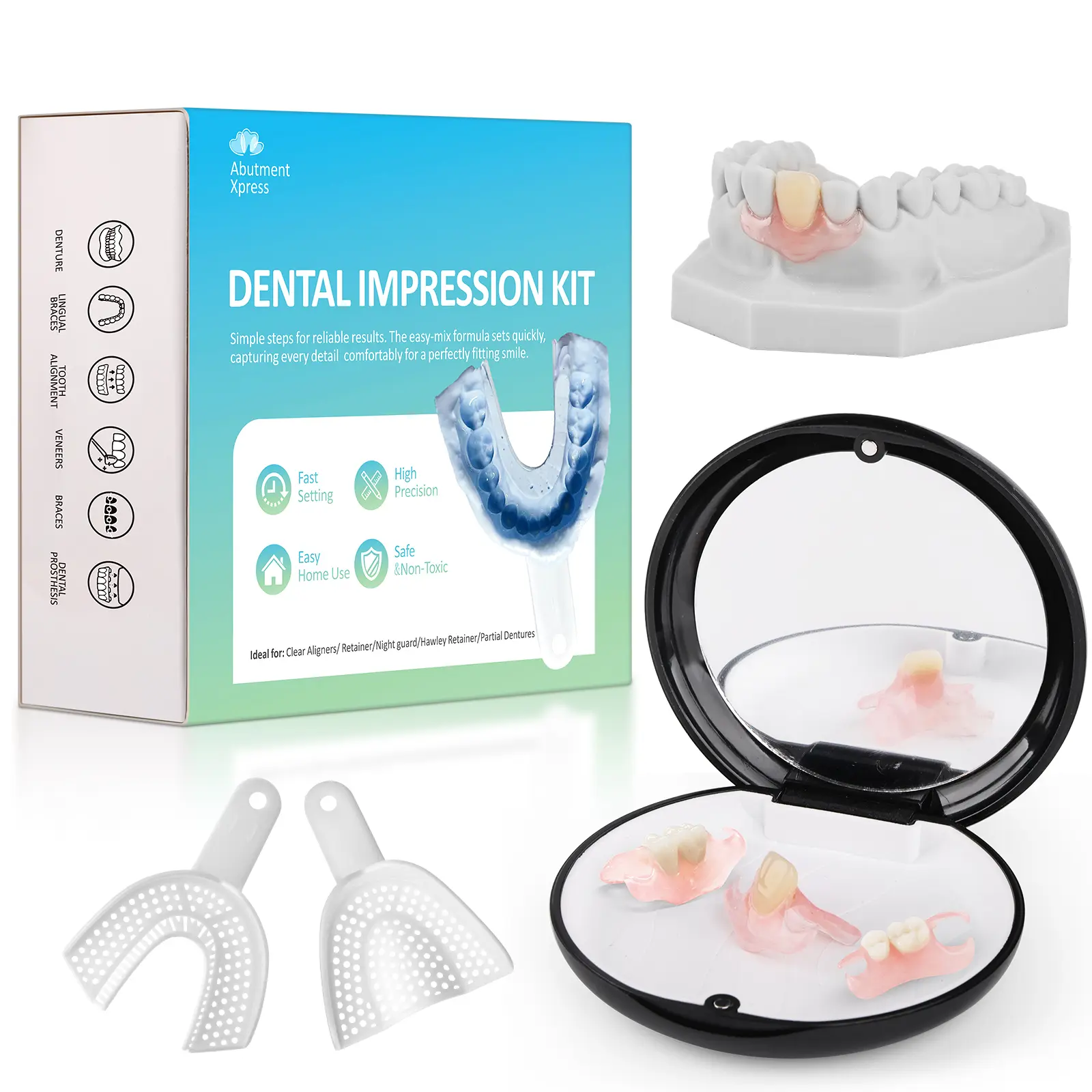 Custom Partial Denture Kit for Removable Tooth Replacement with Home Impression, Personalized Natural-Looking Design，AbutmentXpress