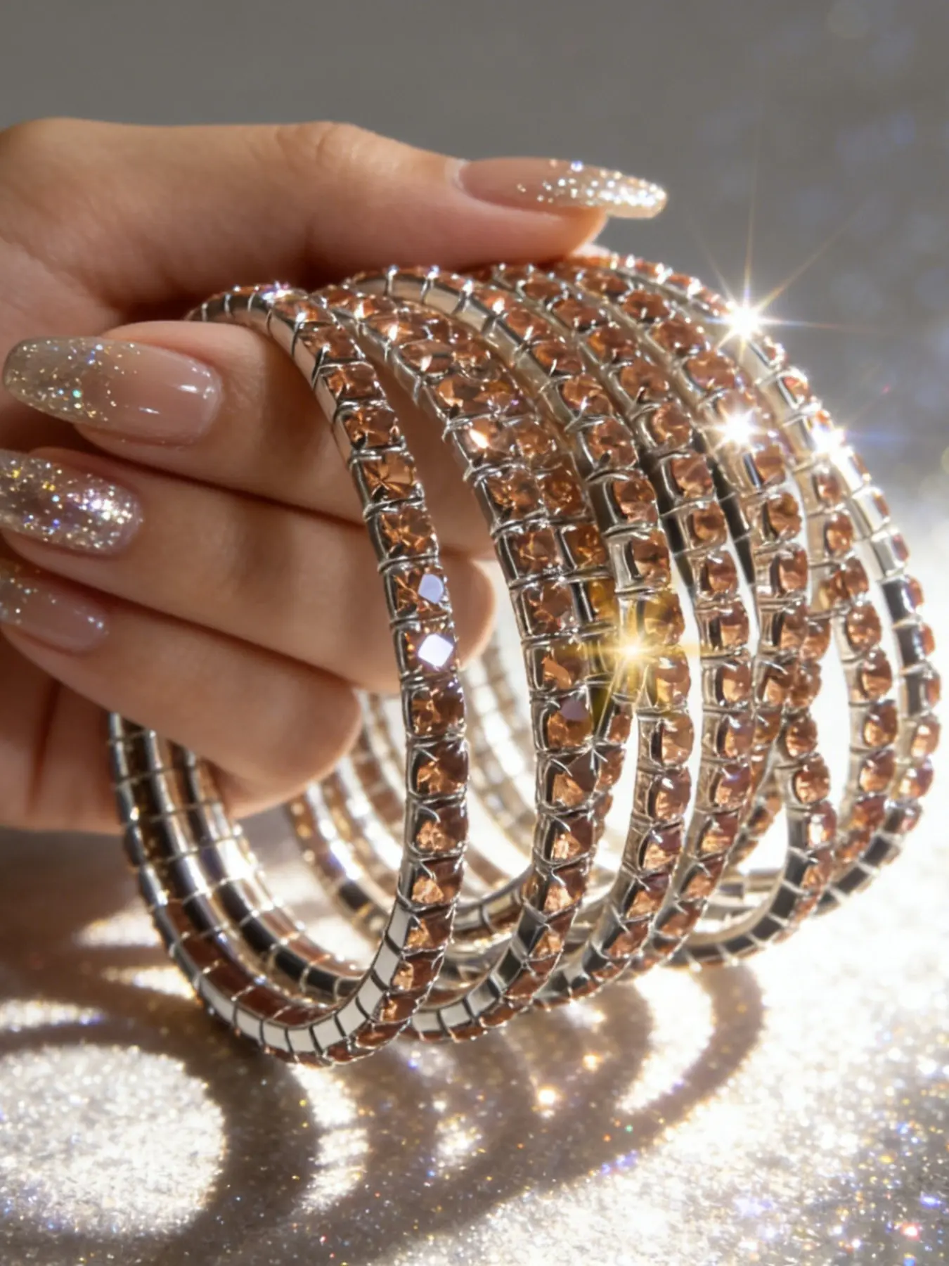 10 elegant champagne colored layered rhinestone tennis chains, elegant ladies' cocktail party accessories, Double Layered Bracelets