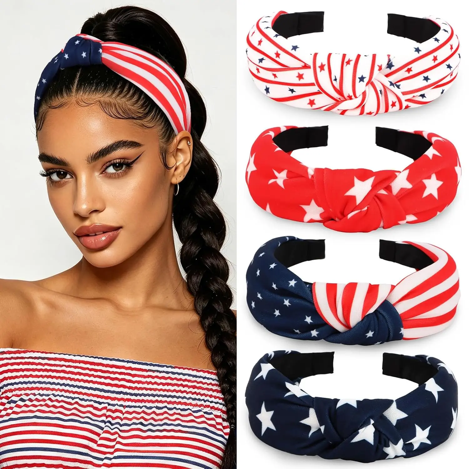 4 Pack 4th of July Knotted Headbands for Women Girls - Patriotic Star Striped Wide Turban Hair Bands, Non Slip Elastic Red White Blue Hair Accessories for Independence Day Holiday Party