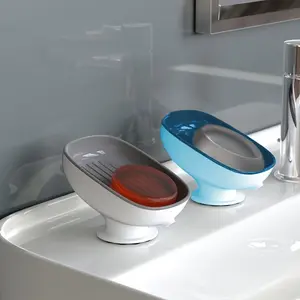 Oval Wall-Mounted Soap Dish (1Pc) - Non-Porous Plastic Bathroom Essential, Strong Suction Cups, Double-Layer Drainage, Adjustable Angle - Ideal for Modern Homes (Grey/Blue Options)