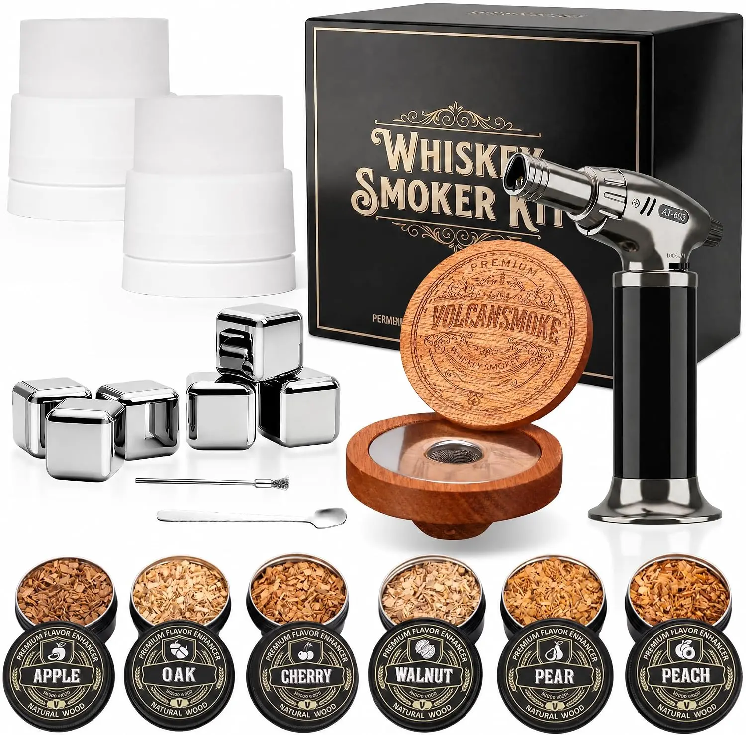 Butane-Free Steel Bourbon Whiskey Cocktail Smoker Kit with 6 Flavors Wood Chips, Portable Drink Smoke Infuser, Barware Utensils, Home Bar Accessory, Premium Gift for Whiskey Lovers, Ideal for Father’s Day