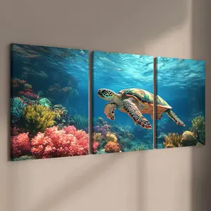 Turtle & Coral Pattern Canvas Painting with Wooden Frame, 3 Counts/set Modern Wall Art Painting, Modern Home Decoration, Wall Art Decor for Home Living Room Bedroom Office, Ornaments