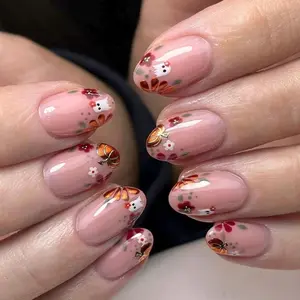 S228 Floral Pumpkin Ghost Press-On Nails, Cute White Ghosts with Autumn Flowers, Shiny Orange Pumpkins on Pink Nude Base, Soft Halloween Party Vibes, Solana Nails Town
