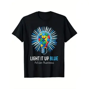 Autism Awareness Light Bulb Light It Up Blue Graphic T-Shirt for Men & Women, Breathable Elastic Cotton, Regular Fit, Machine Washable, Casual Daily & Outdoor Wear for Spring Summer